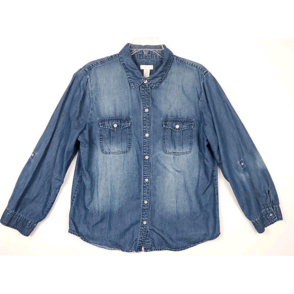 Chico's Denim Shirt Size 2 Blue Button Up Long Sleeve Roll Tab